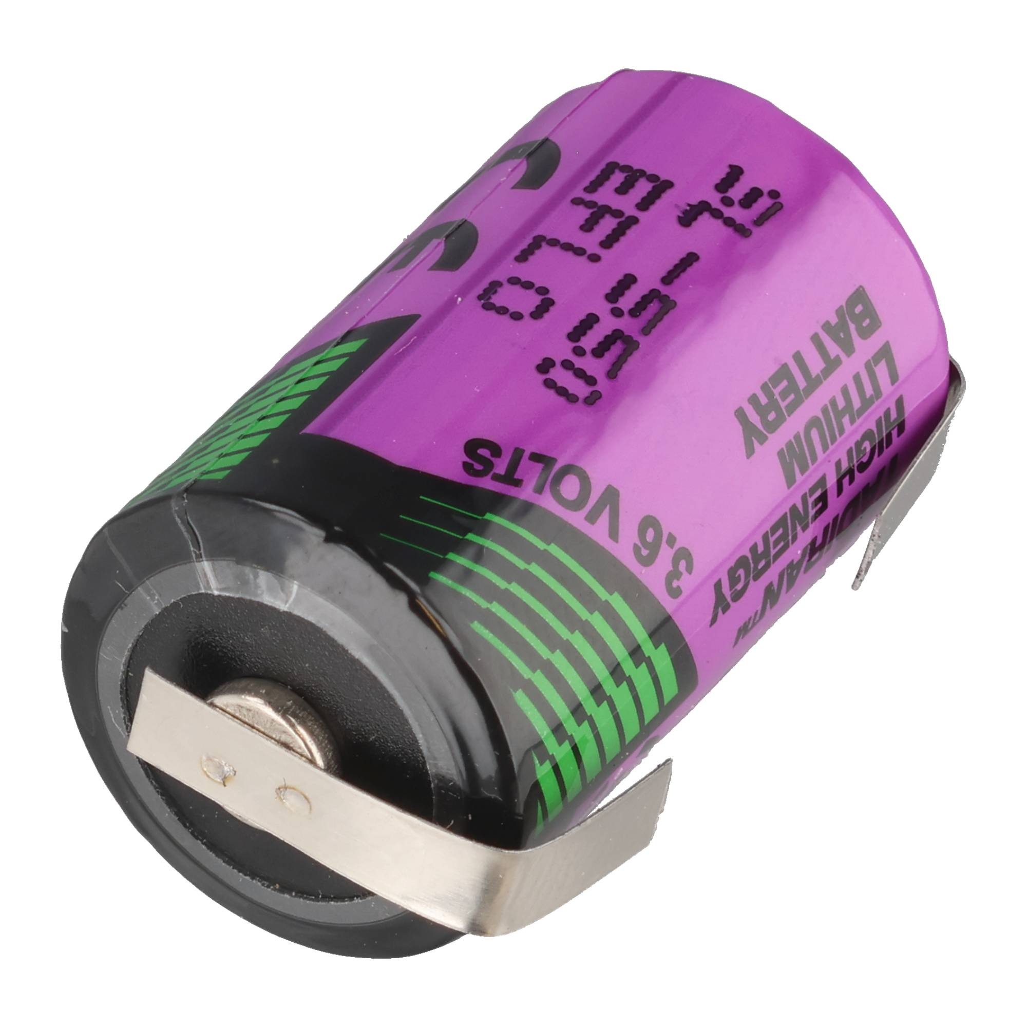 Lila Lithium-Batterie, 3,6 Volt, mit grünen Streifen und schwarzer Schrift.