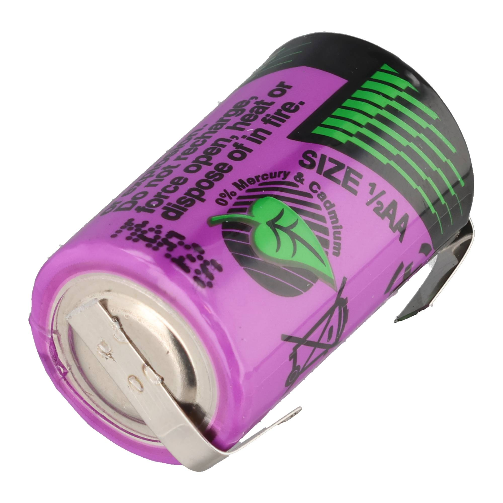 Lila 1/2 AA Batterie mit Warnhinweisen und einem Blatt-Symbol.