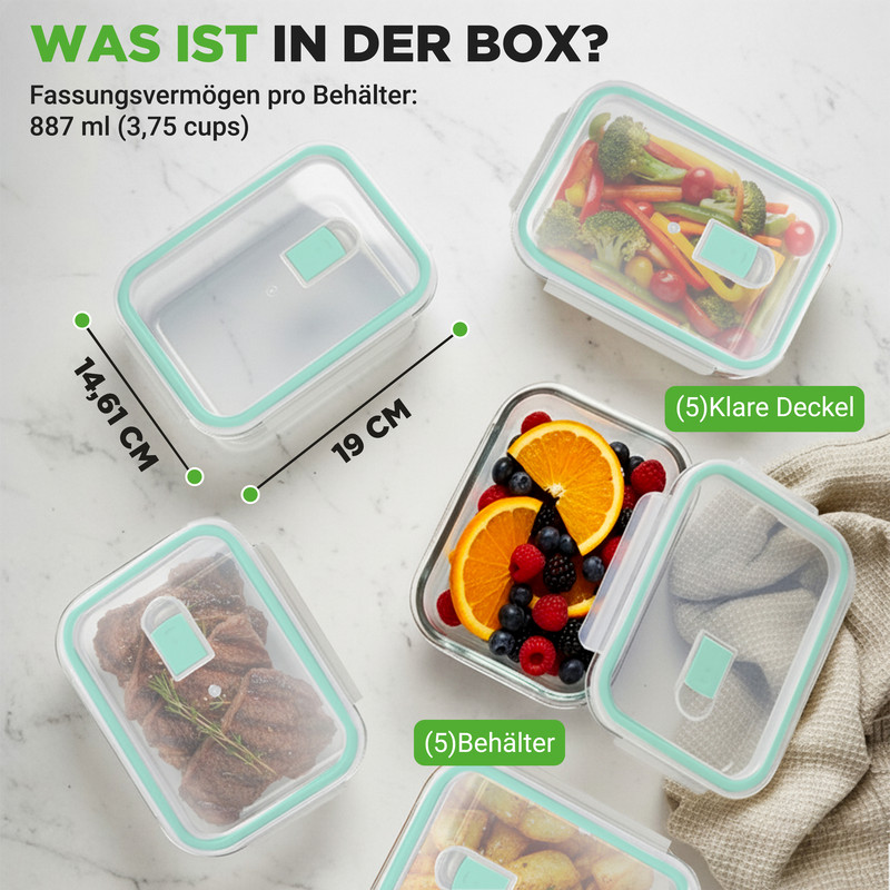 Mehrere Glasbehälter mit Lebensmitteln und Deckeln. Maße sind angegeben.