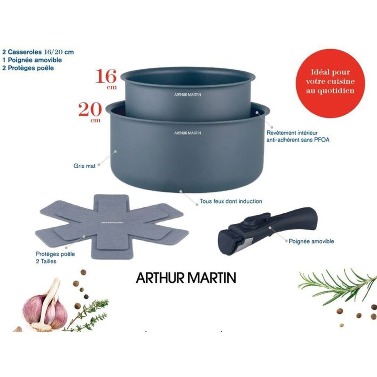 Set de ollas gris Arthur Martin con asa extraíble y protectores.
