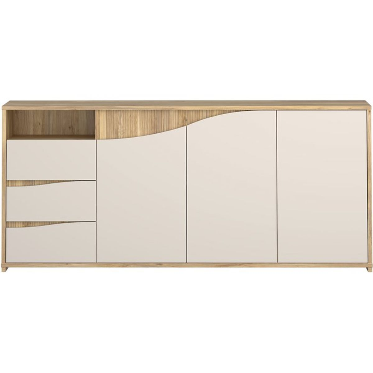 Ein hellbrauner Schrank mit vier cremefarbenen Türen und drei Schubladen.