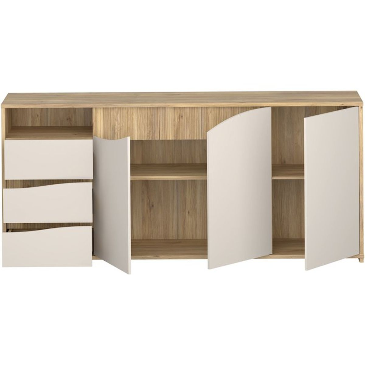 Ein helles Holzsideboard mit drei weißen Schubladen und offenen weißen Türen.
