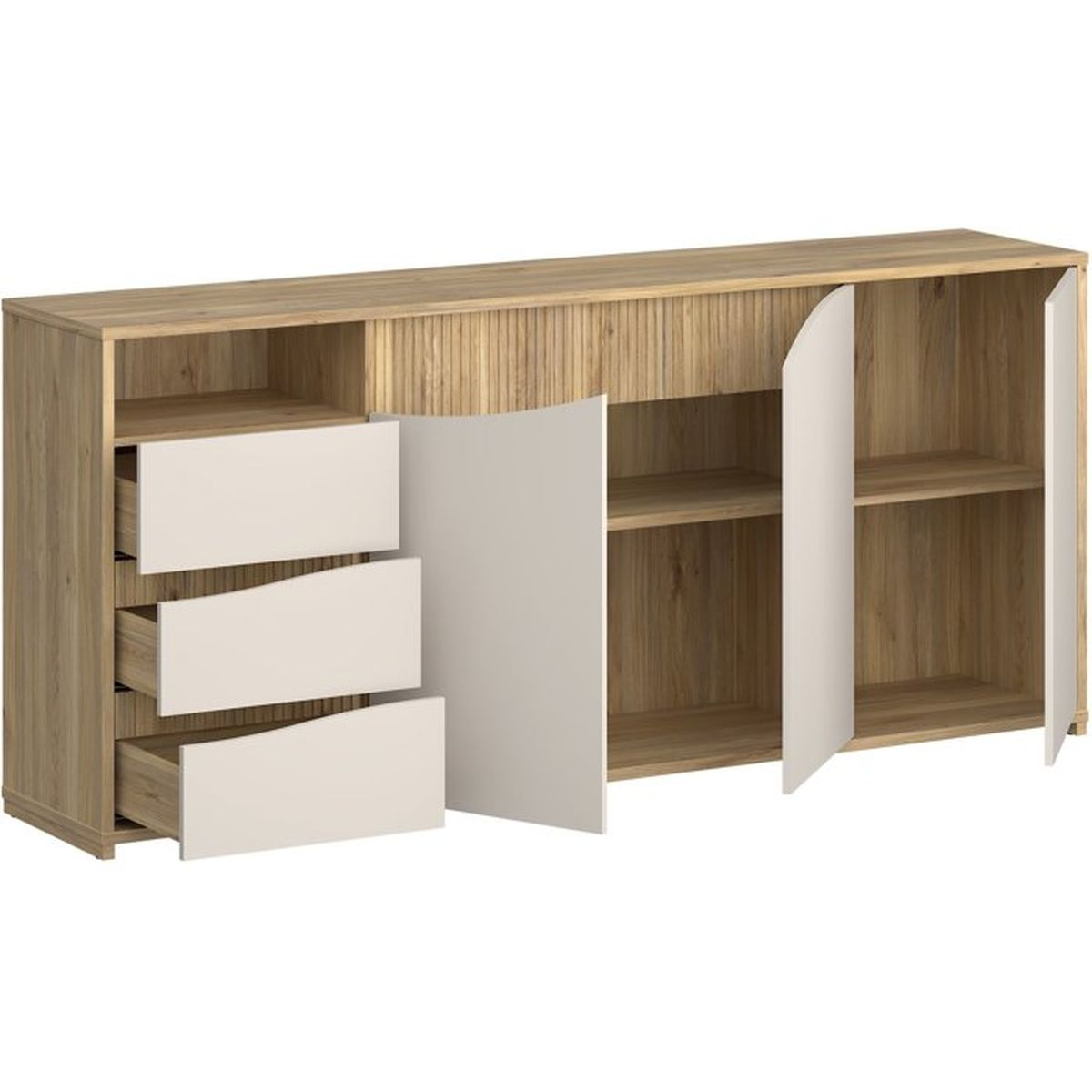 Ein helles Holz Sideboard mit drei weißen Schubladen links und zwei weißen Türen rechts.