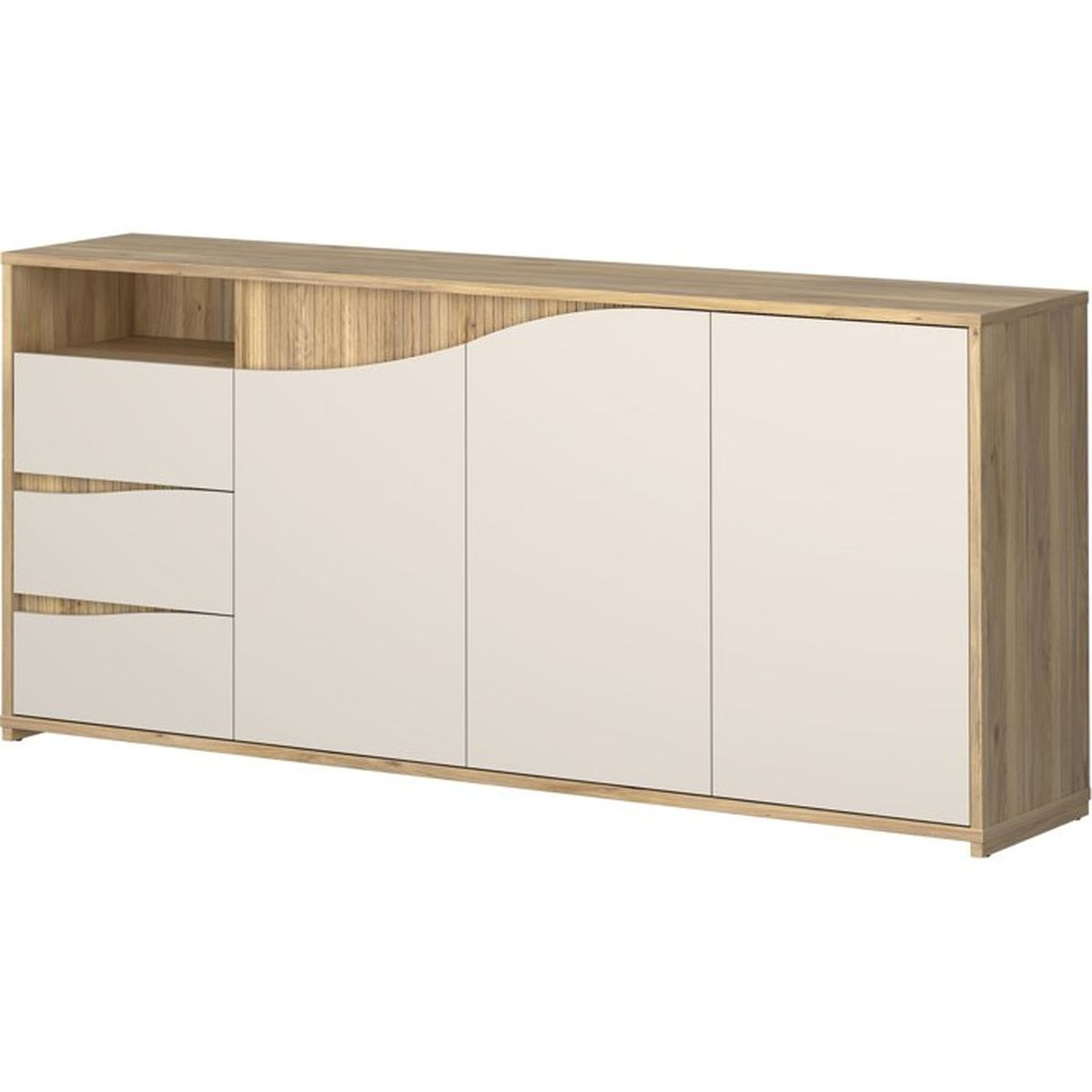 Ein hölzerner Schrank mit drei Schubladen und vier cremefarbenen Türen.
