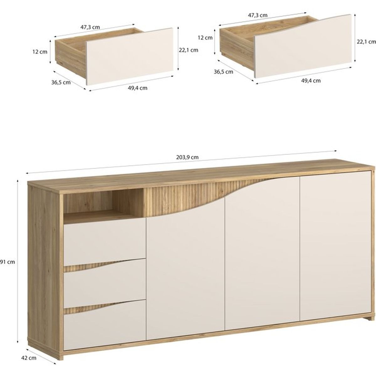 Ein Sideboard mit Schubladen und Türen, mit Maßen.