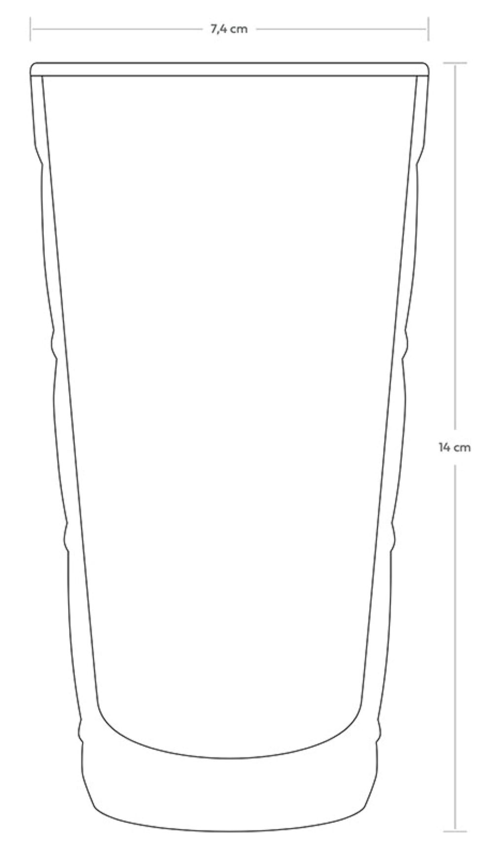 Bardak çizimi ölçülerle: 7,4 cm genişlik, 14 cm yükseklik.