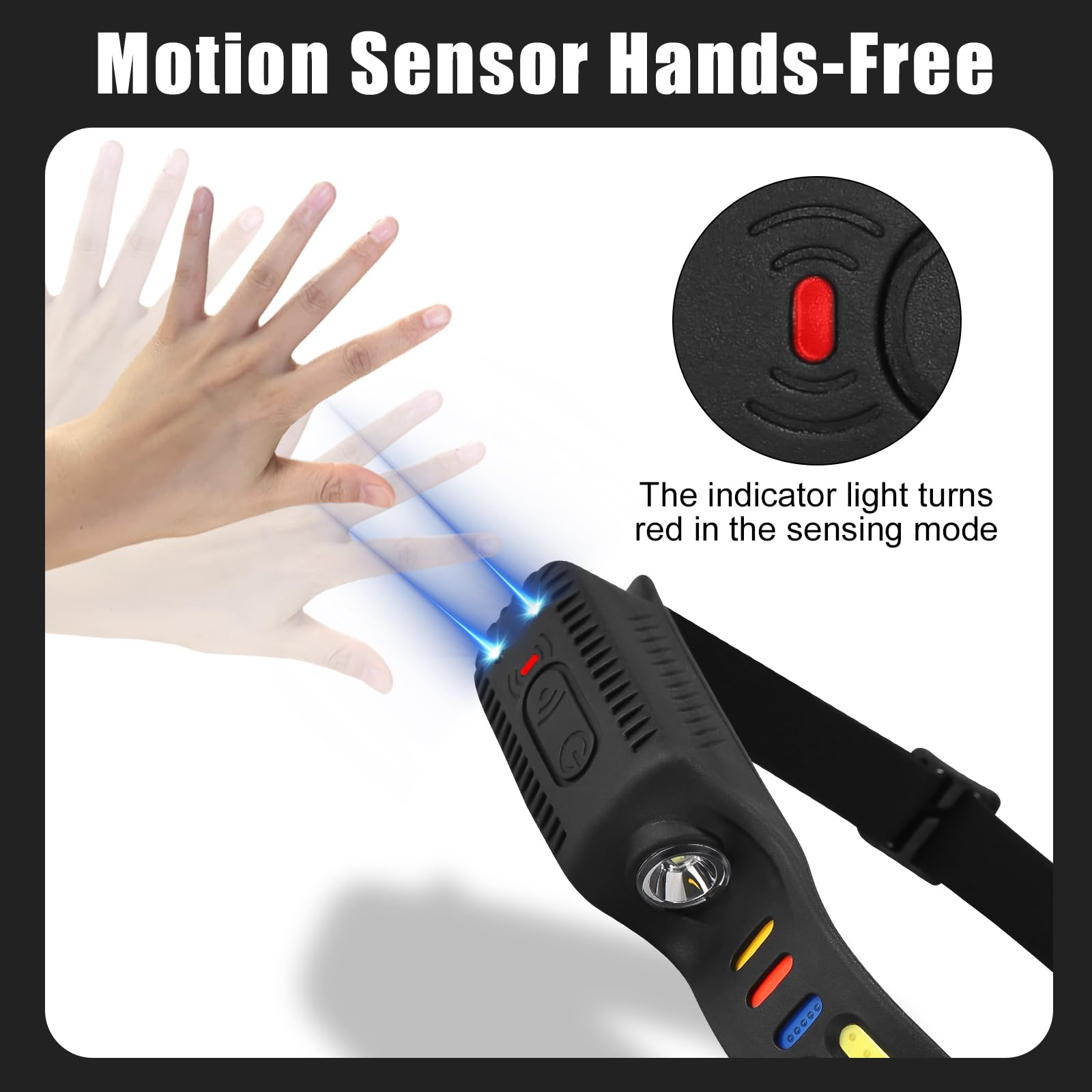 Eine Hand bewegt sich, blaue Lichtstrahlen treffen auf einen schwarzen Sensor.
