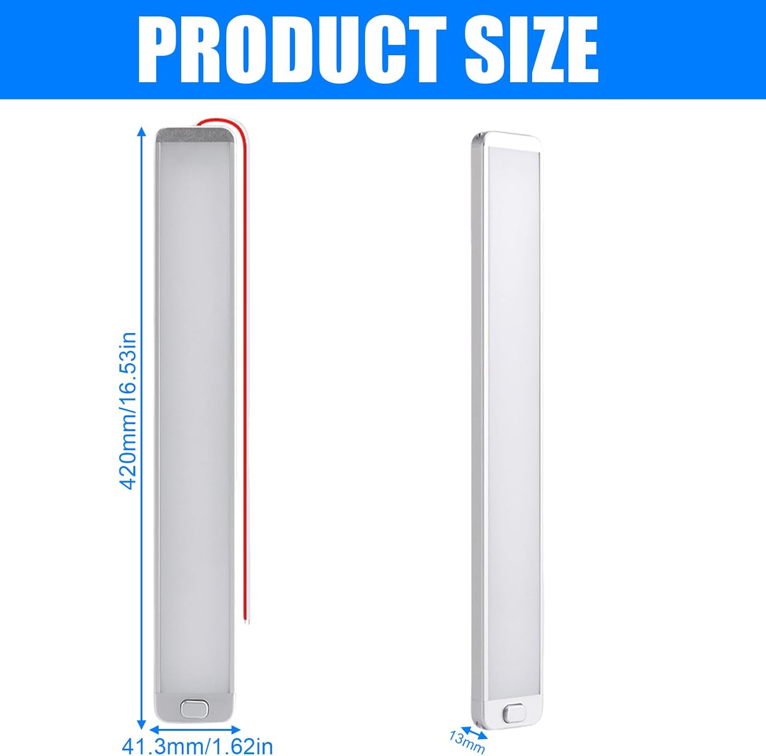 Ein schlankes, rechteckiges Licht mit Maßen: 420mm lang, 41.3mm breit, 13mm dick.