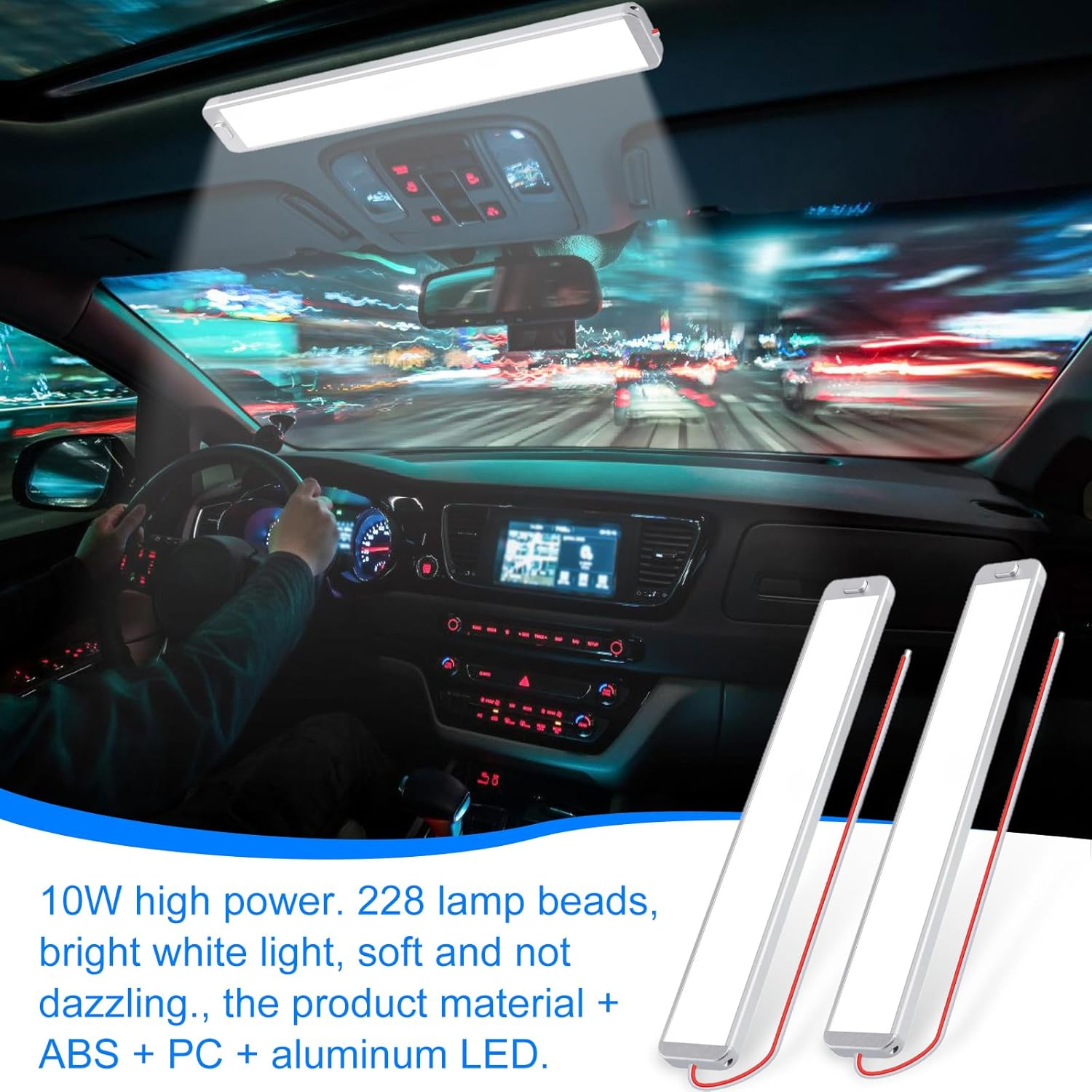 Beleuchteter Autoinnenraum mit Fahrersicht und zwei LED-Leuchten.