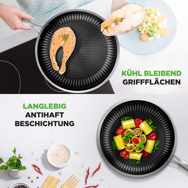 Bratpfanne mit Lachs und Nudeln. Kühlbleibende Griffflächen.