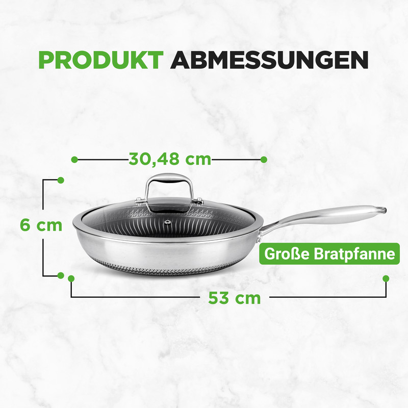 Edelstahlpfanne mit Glasdeckel. Länge 53 cm, Breite 30,48 cm, Höhe 6 cm.