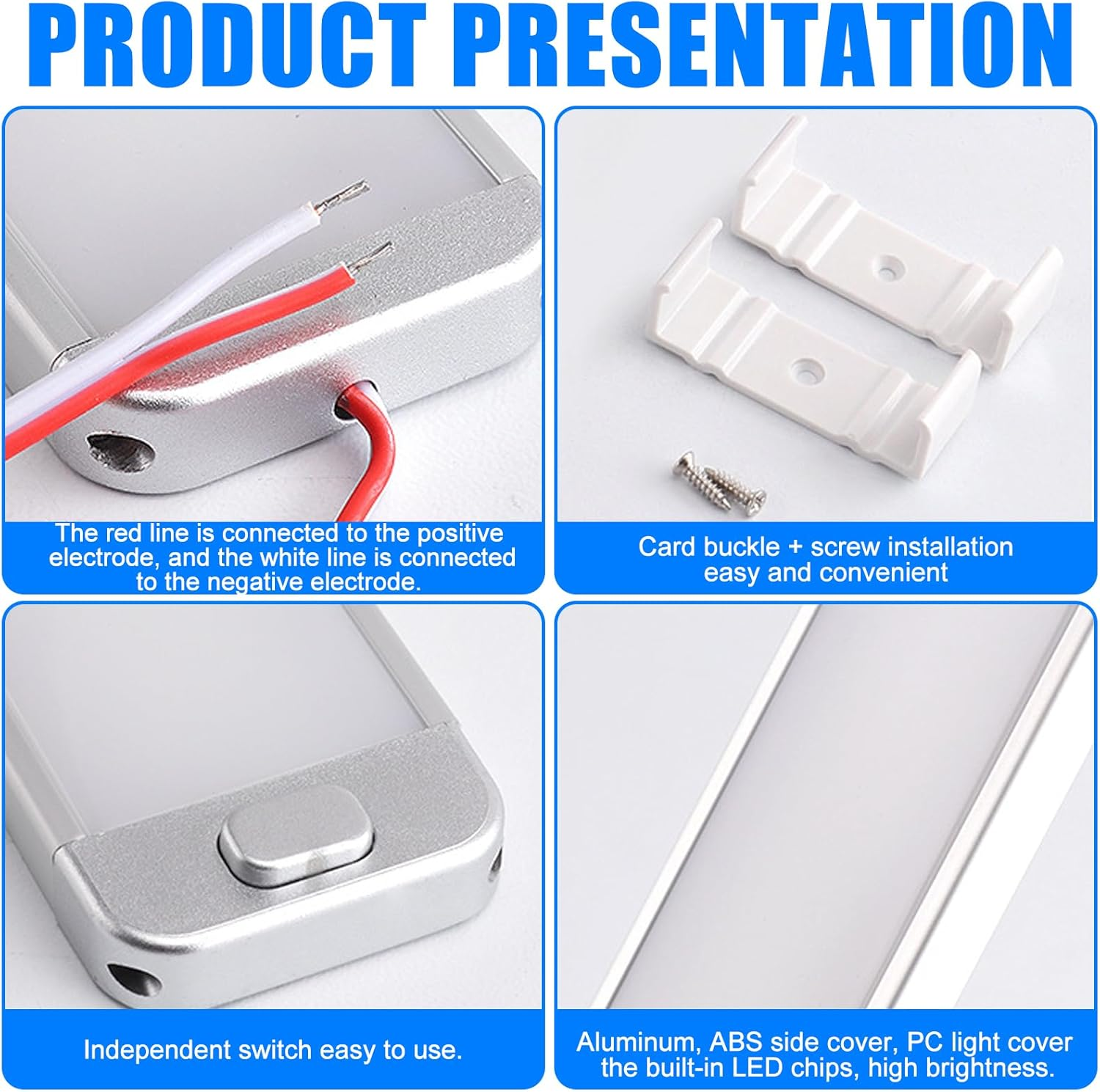 Produktpräsentation: Kabel, Halterungen, Schalter und LED-Leiste.