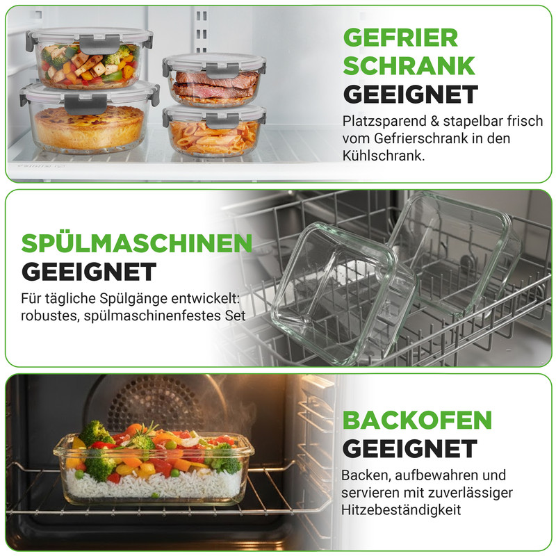 Glasbehälter für Gefrierschrank, Spülmaschine und Backofen.
