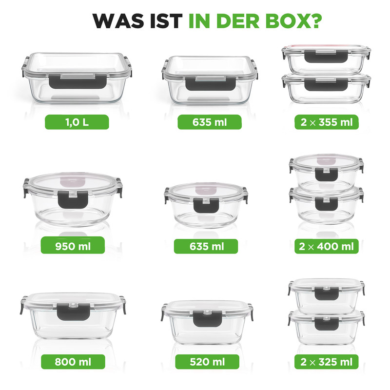 Mehrere Glasbehälter mit schwarzen Deckeln und Verschlüssen in verschiedenen Größen.