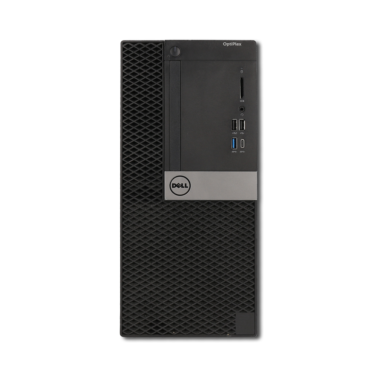 Computer desktop Dell OptiPlex nero con logo Dell argentato sul pannello frontale.