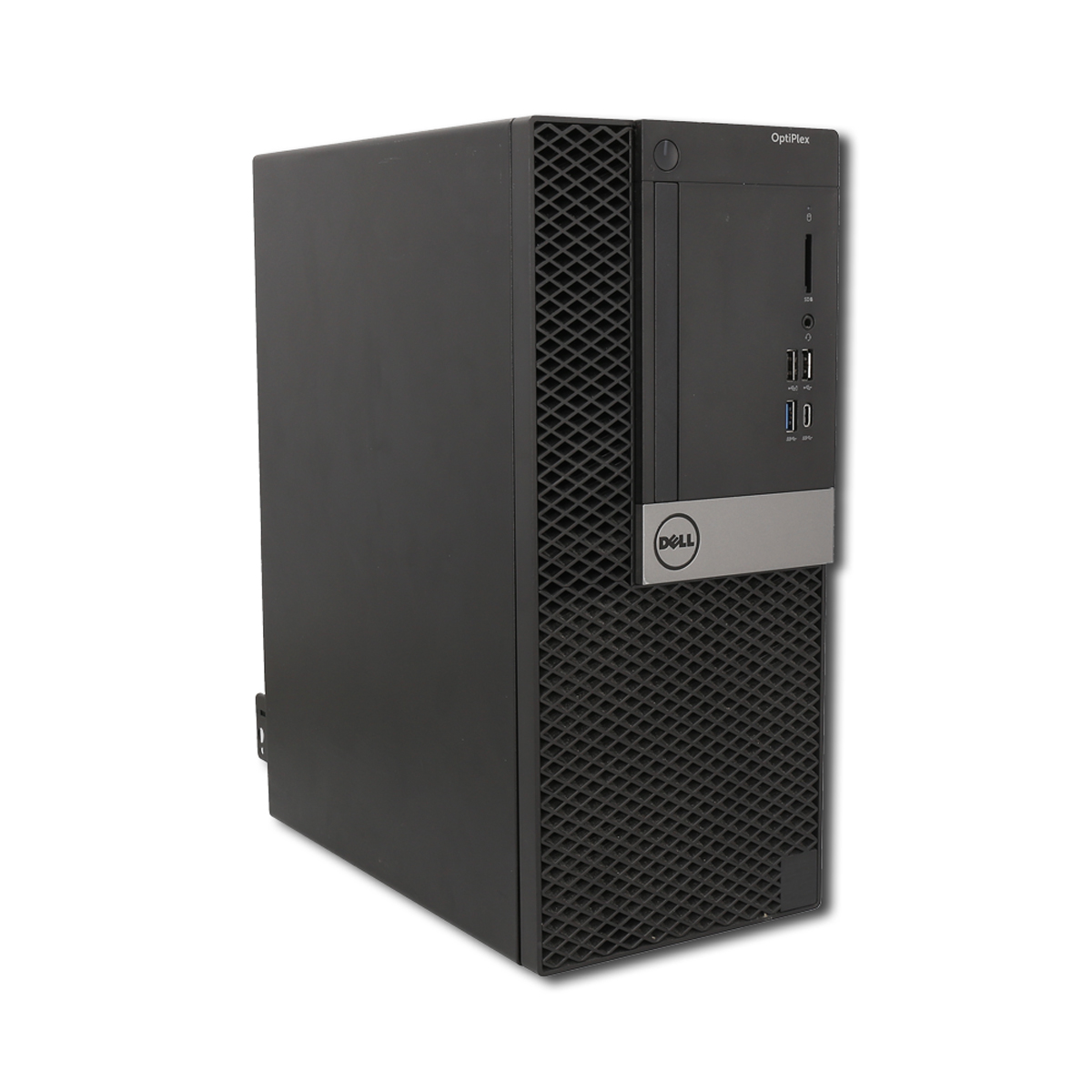 Un tower PC desktop Dell OptiPlex nero con porte USB frontali e logo Dell.