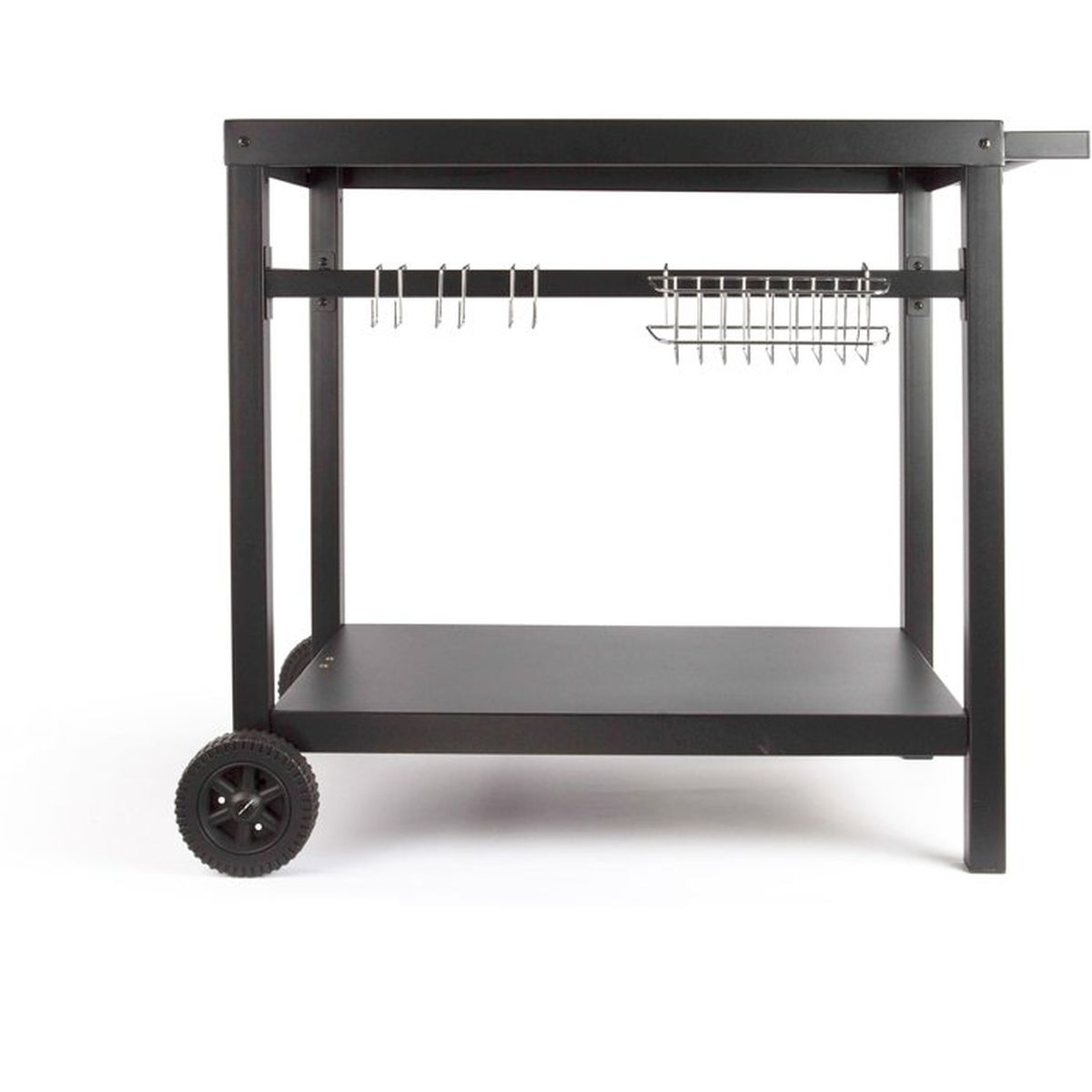 Carrello griglia nero a due livelli con ganci e ruote.