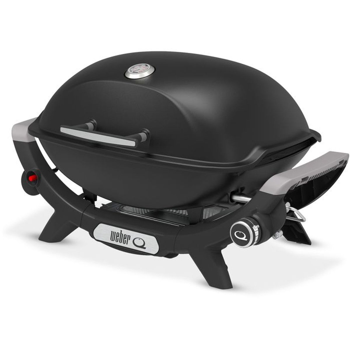 Ein schwarzer Weber Q tragbarer Gasgrill mit silbernem Griff und Thermometer.