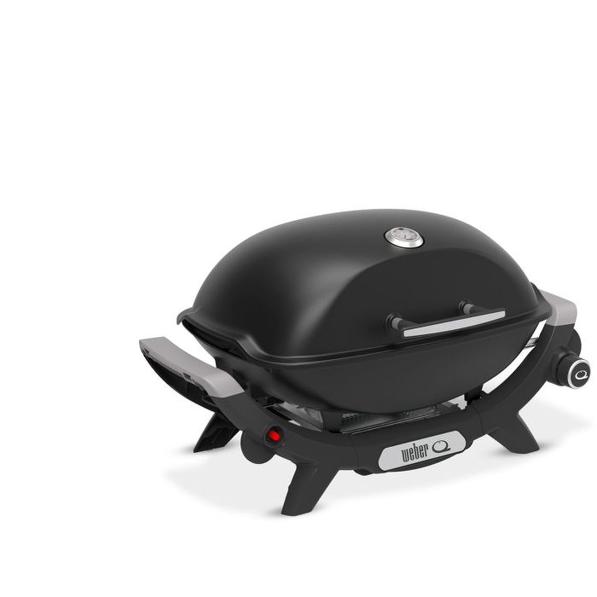 Ein schwarzer tragbarer Weber Grill mit silbernen Griffen und Beinen.