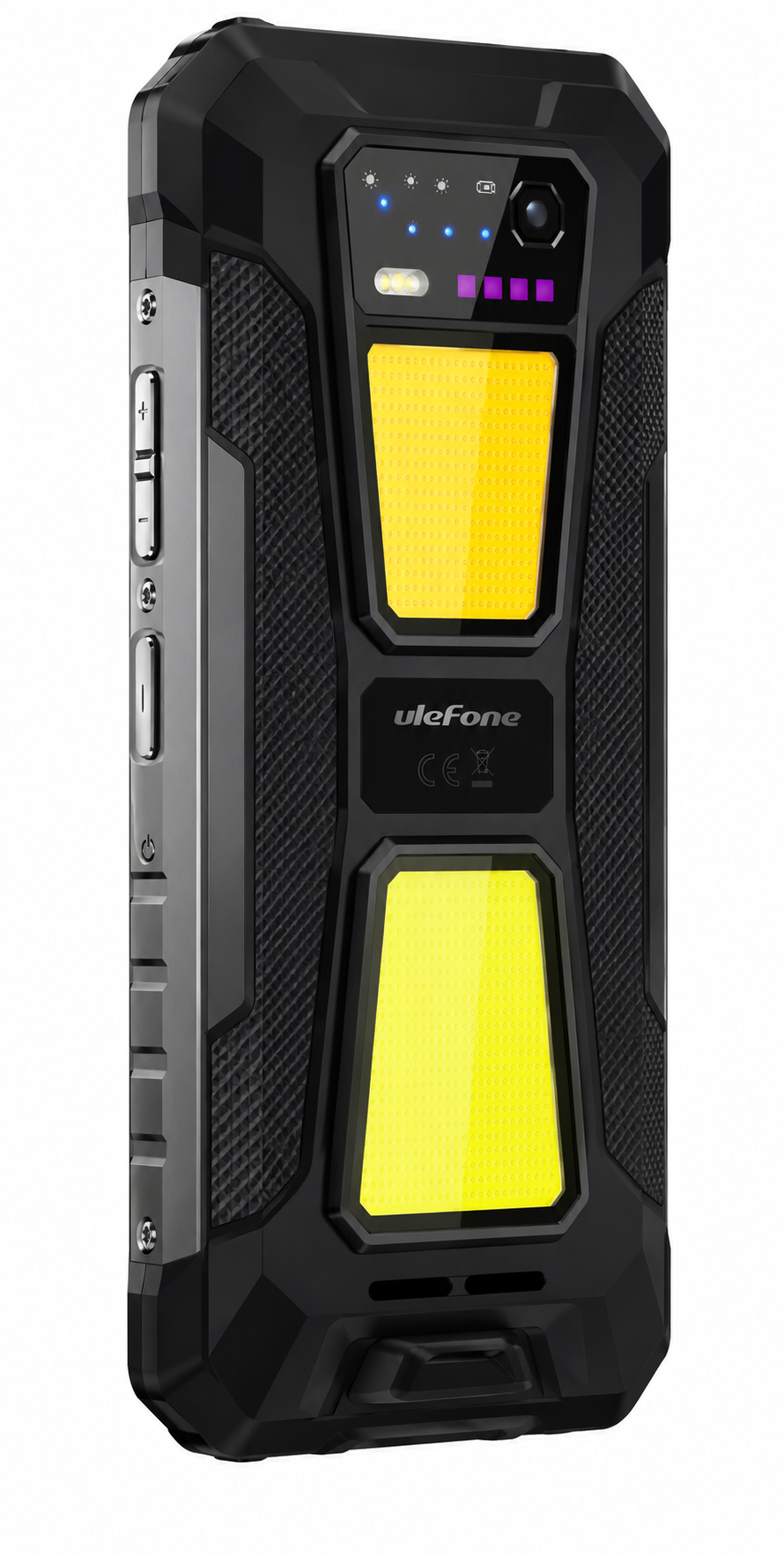 Robusto smartphone nero con due luci gialle e fotocamere.
