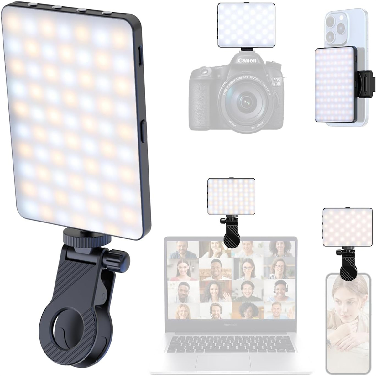 Ein LED-Licht mit Klemmhalterung, das an Laptops, Kameras und Handys befestigt ist.