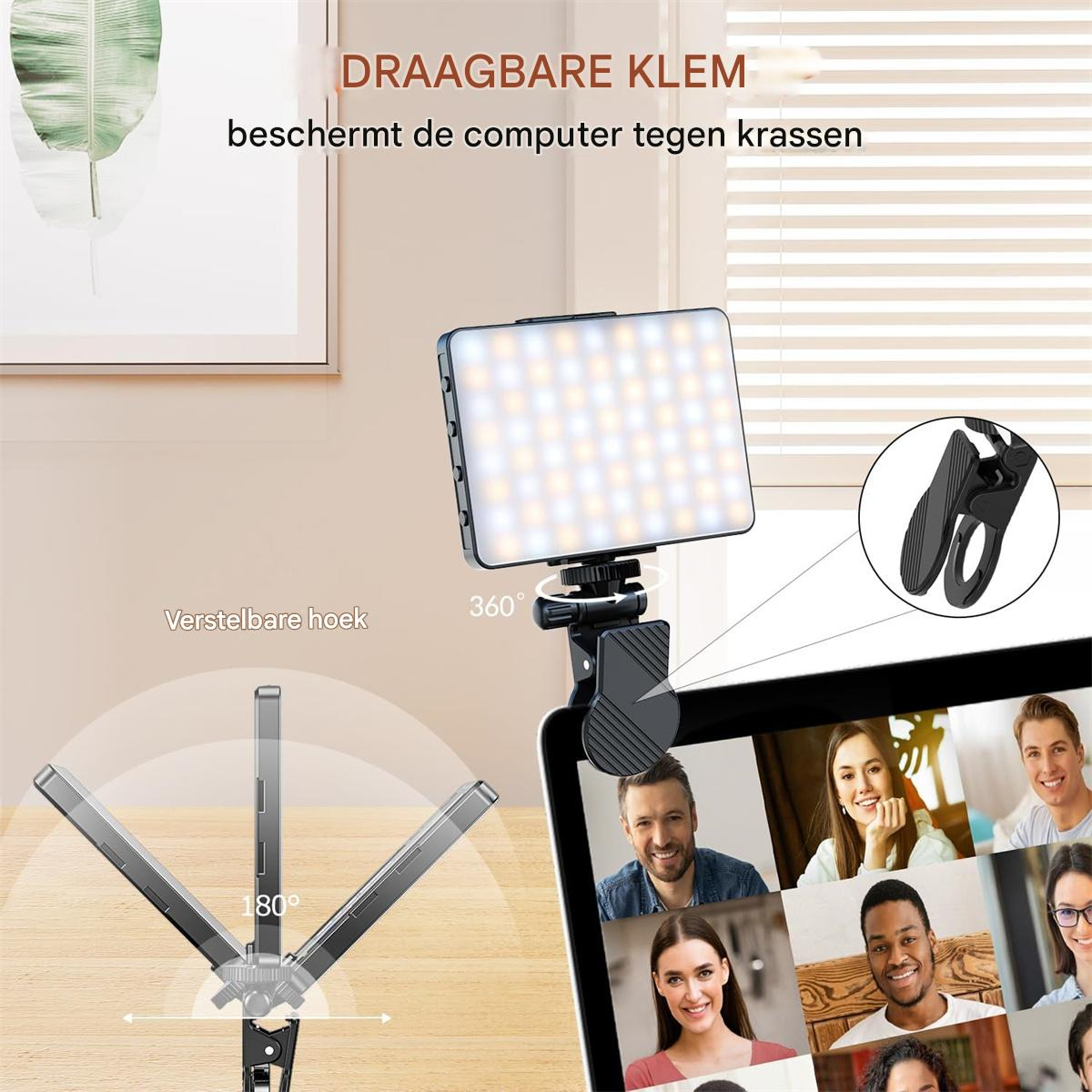 Ein tragbarer Klemmhalter mit LED-Licht hält ein Tablet, das einen Videoanruf mit mehreren Personen zeigt.