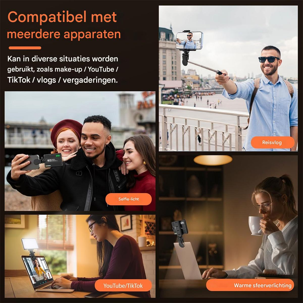 Collage zeigt verschiedene Szenarien für Smartphone-Zubehör wie Vlogging und Videokonferenzen.