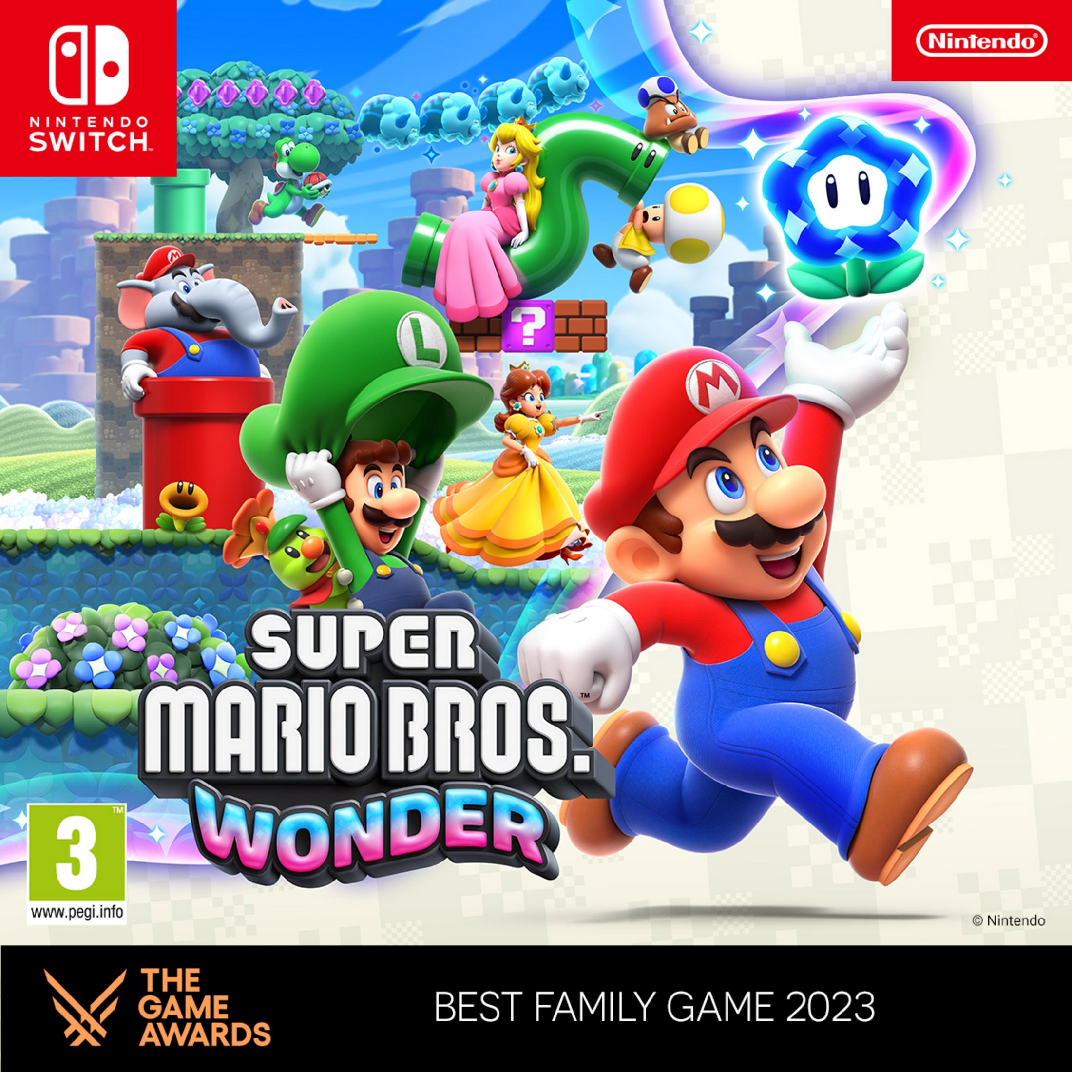Mario, Luigi, Peach und Elefanten-Mario rennen vor einem blauen Himmel.