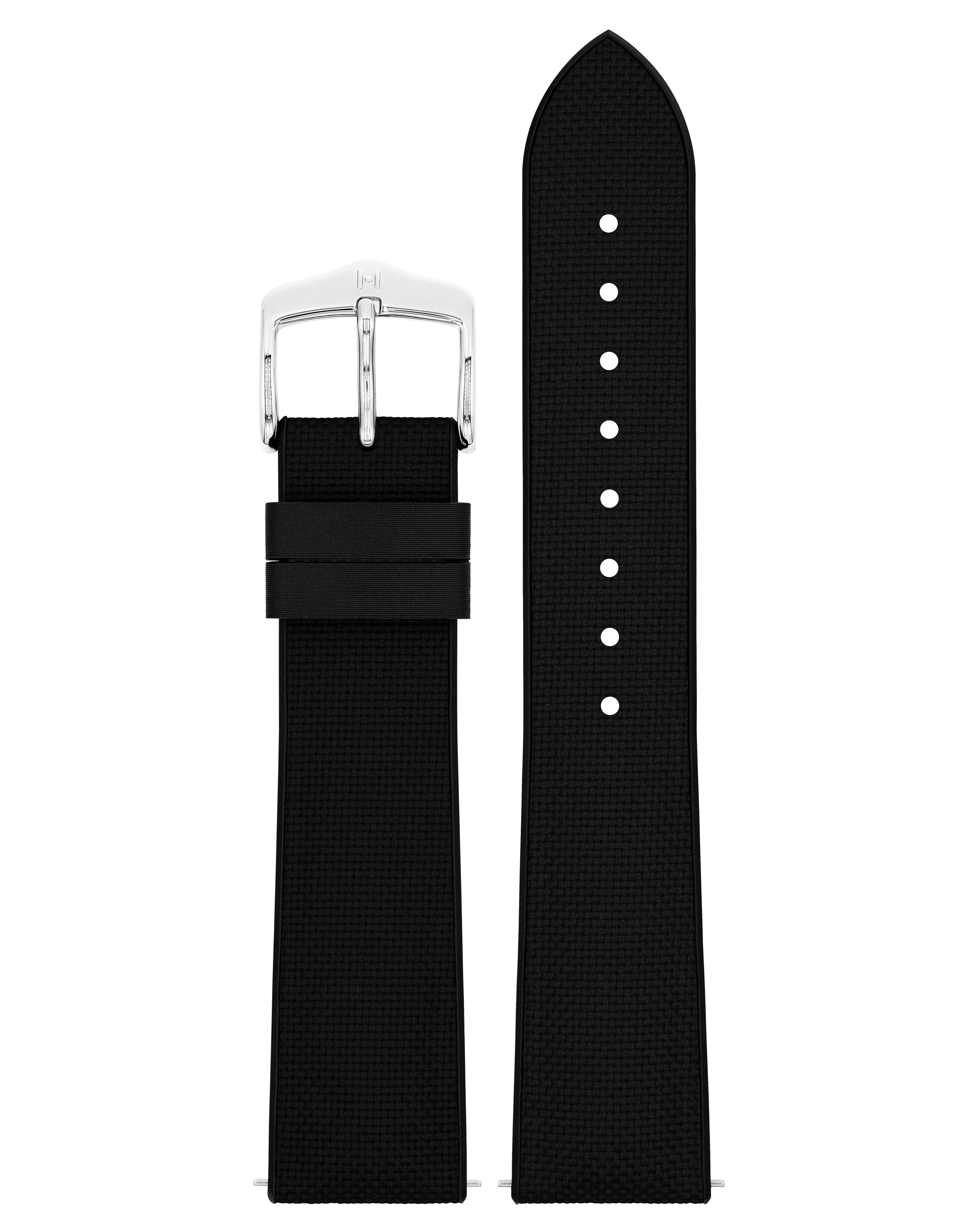 Ein schwarzes Uhrenarmband mit silberner Schnalle und geprägtem Muster.