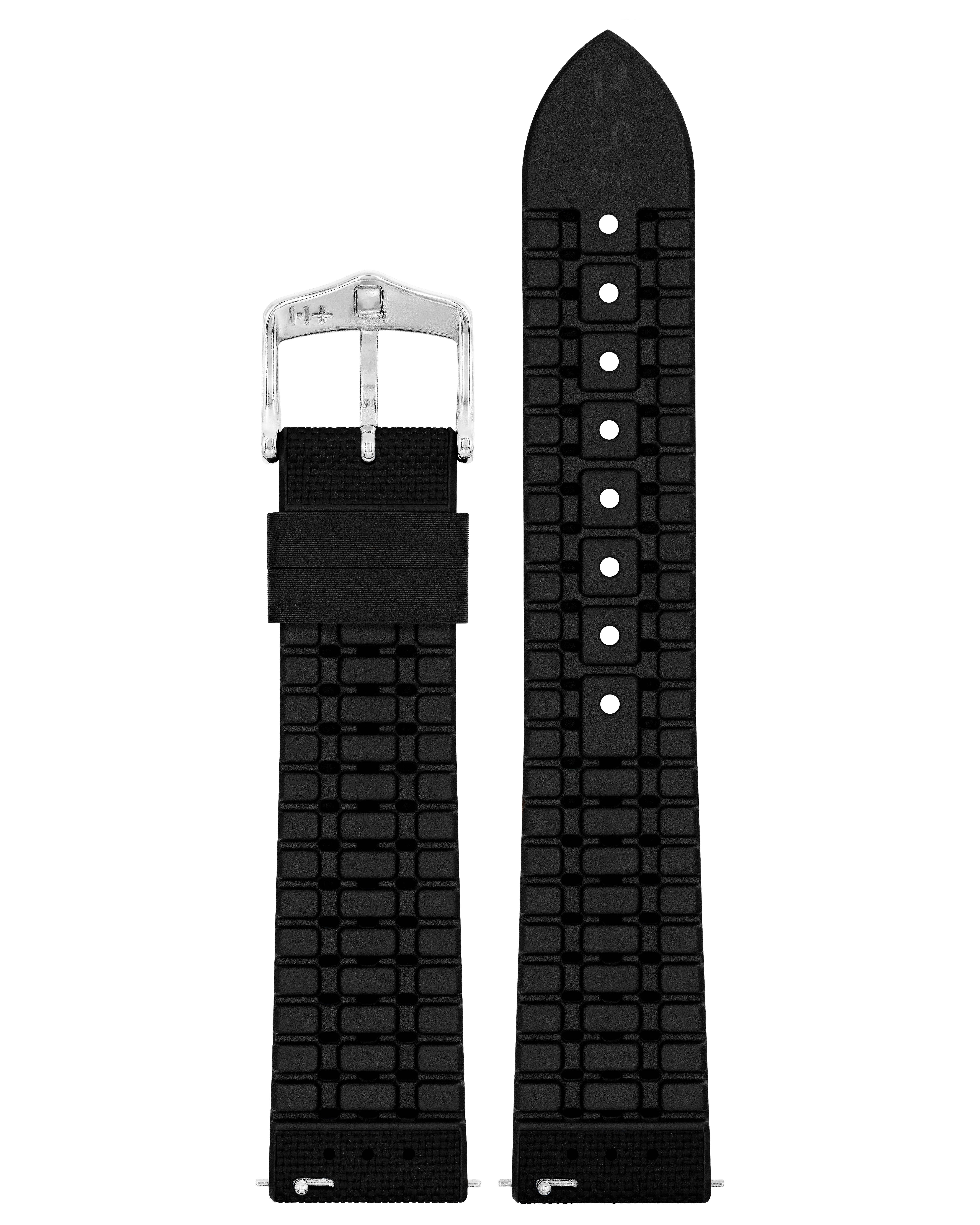 Schwarzes Kautschuk-Uhrenarmband mit silberner Schnalle und Muster.
