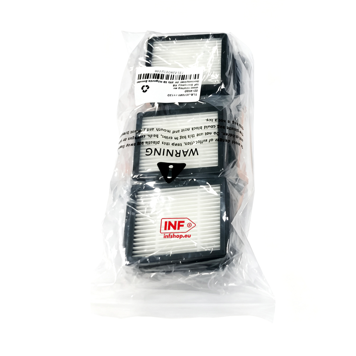 Three white filters with black frames in a plastic bag with a warning label.