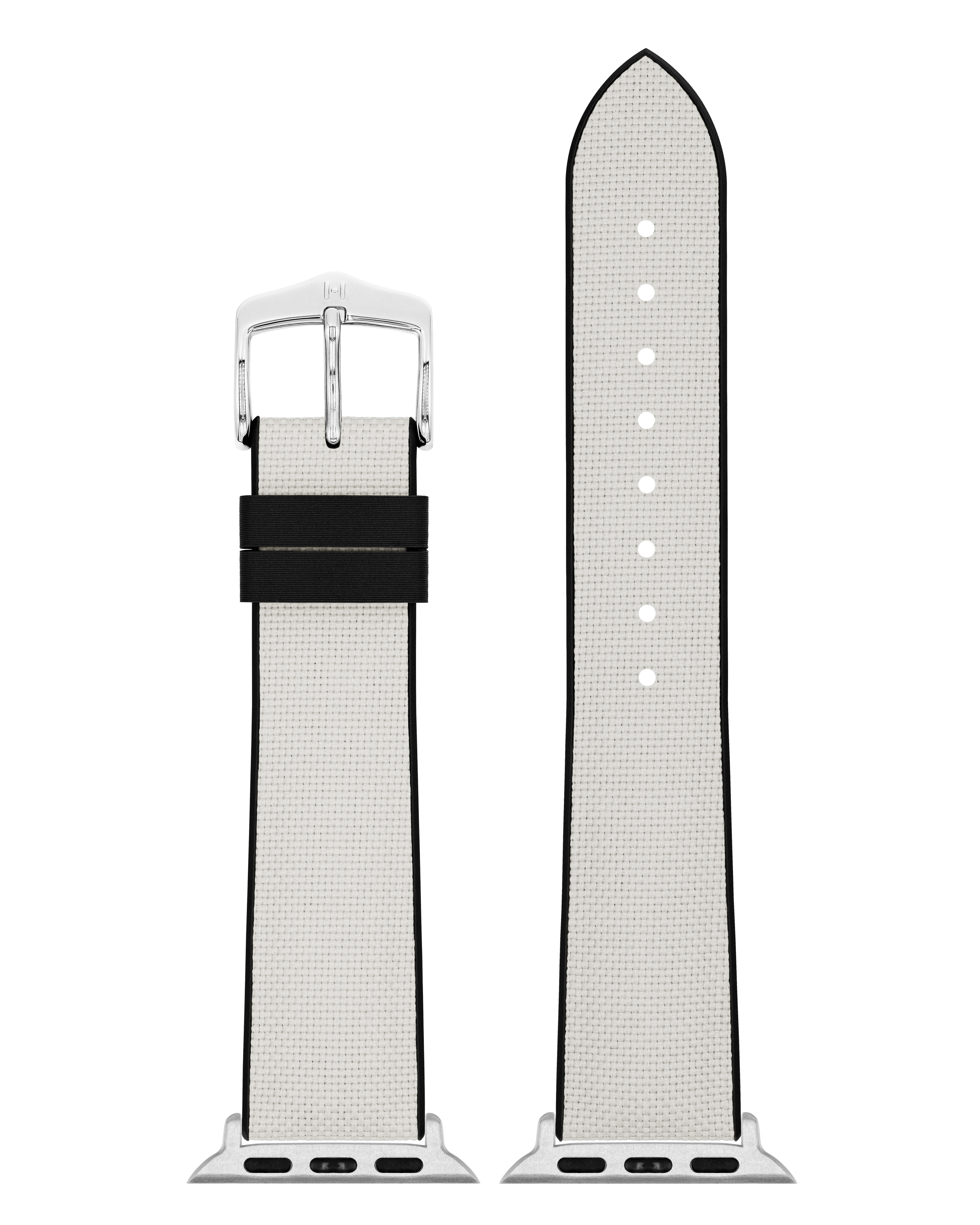 Ein schwarzes und weißes Uhrenarmband mit Metallschnalle und silbernen Anschlüssen.