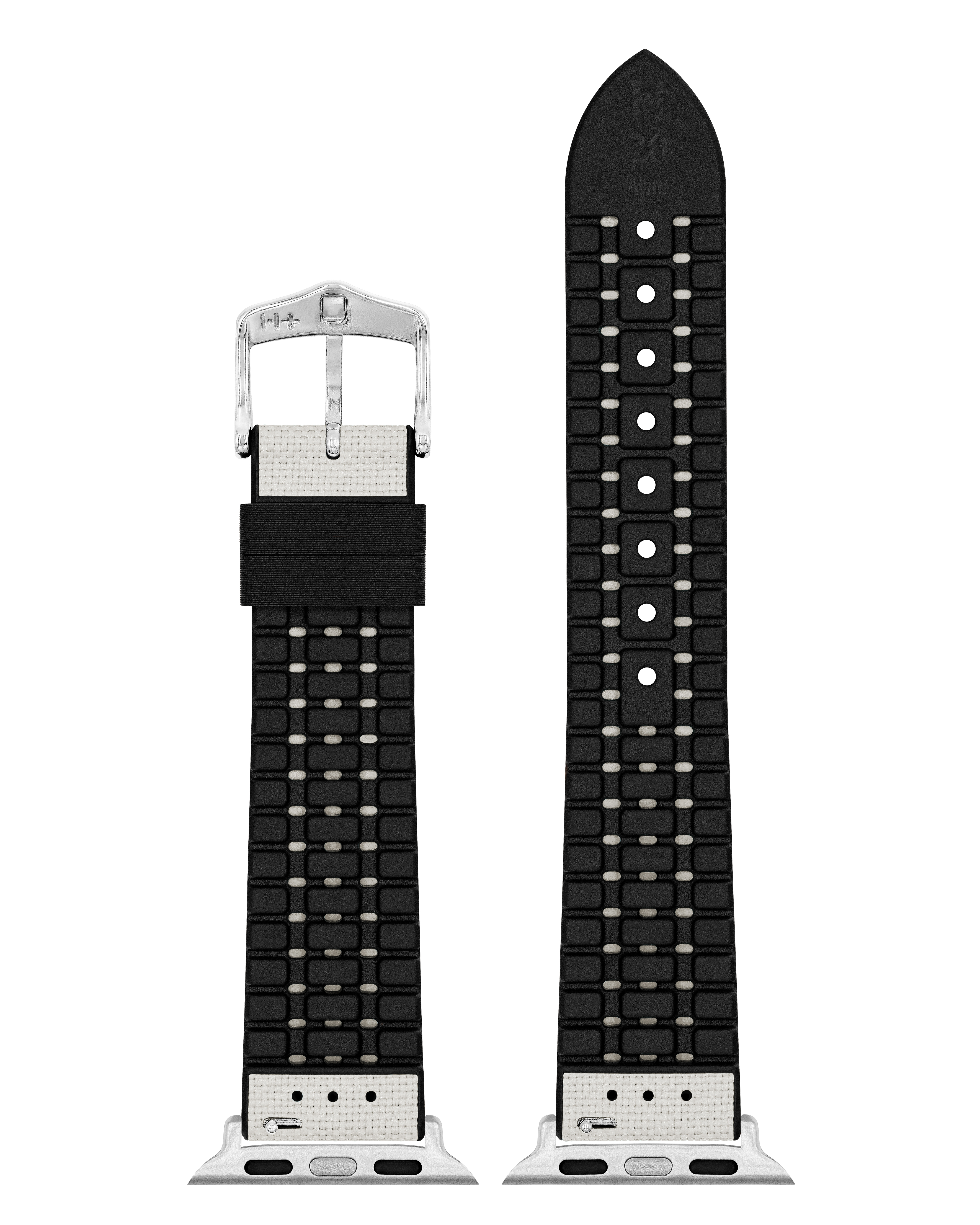Zwei schwarze Uhrenarmbänder mit silbernen Schnallen und weißer Stoffeinlage.