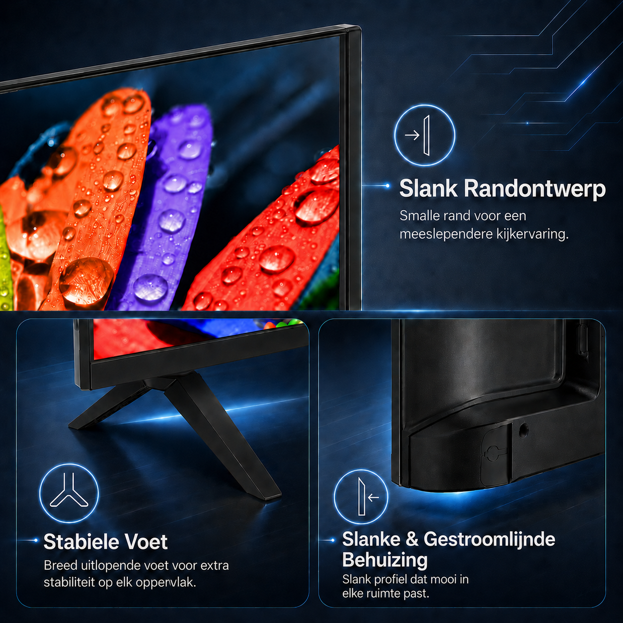 Ein Monitor mit dünnem Rahmen, stabilem Fuß und schlankem Gehäuse.
