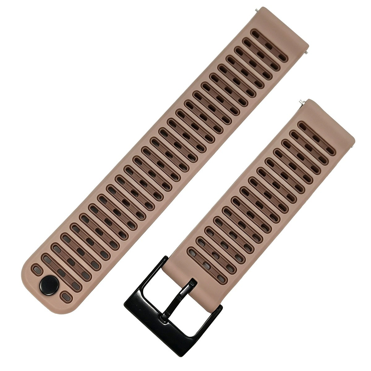 Due cinturini per orologi beige con fori di ventilazione e fibbia nera.