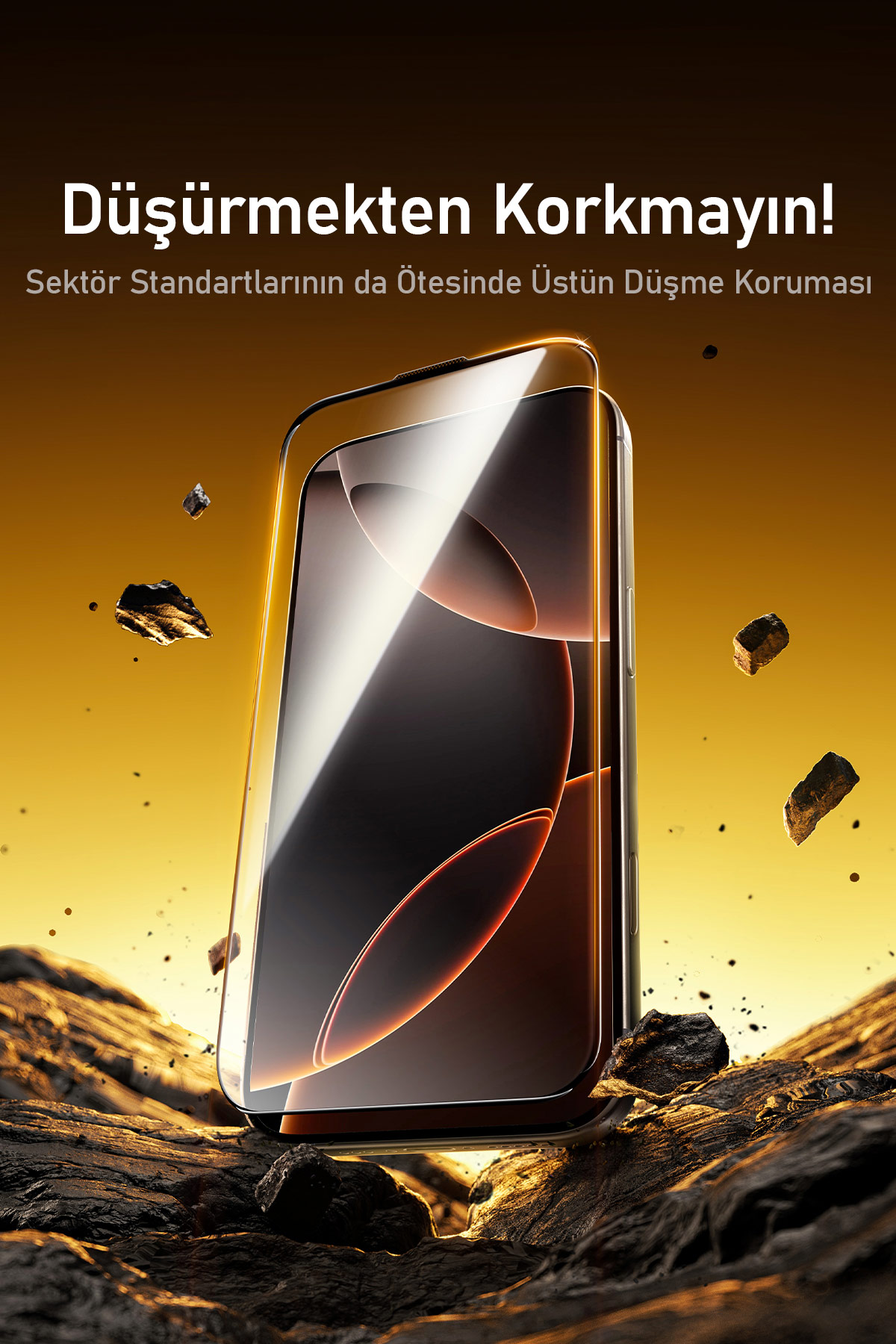 Kayan kayalarla çevrili, kayalık zeminde ekran korumalı bir akıllı telefon.