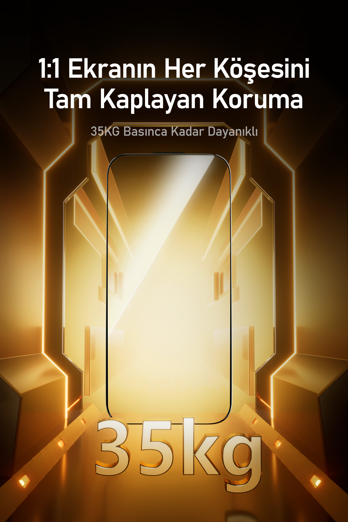Altın, fütüristik bir odada 35 kg kapasiteli akıllı telefon ekranı.