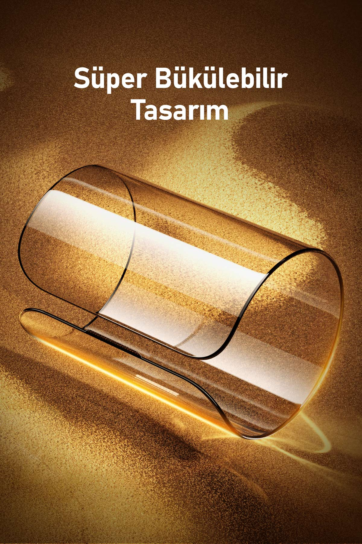 Altın, parıltılı kum üzerinde kavisli cam tüp. Parlak ışık.