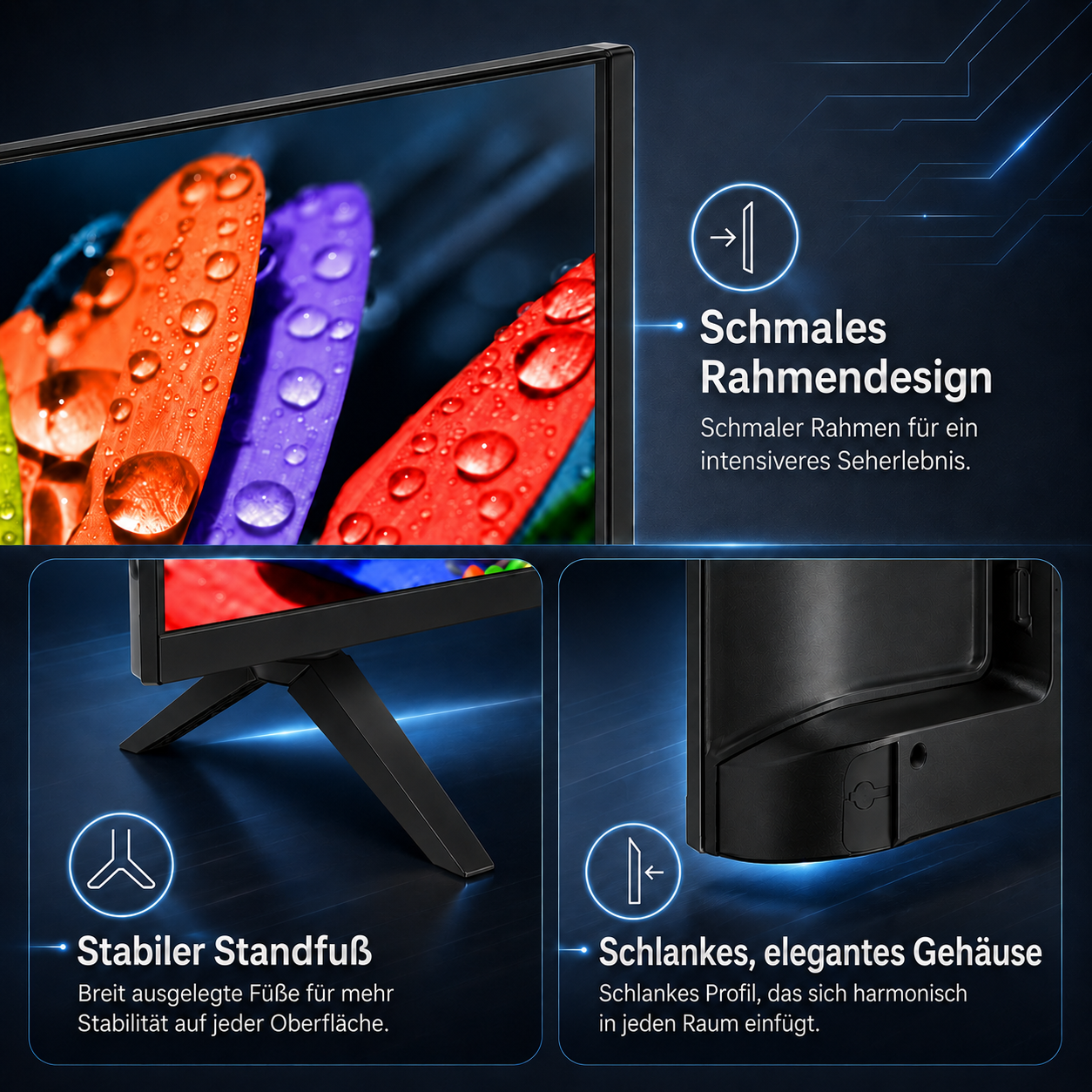Moderner Monitor mit schlankem Design und stabilem Fuß. Nahaufnahme von bunten Blütenblättern mit Wassertropfen.