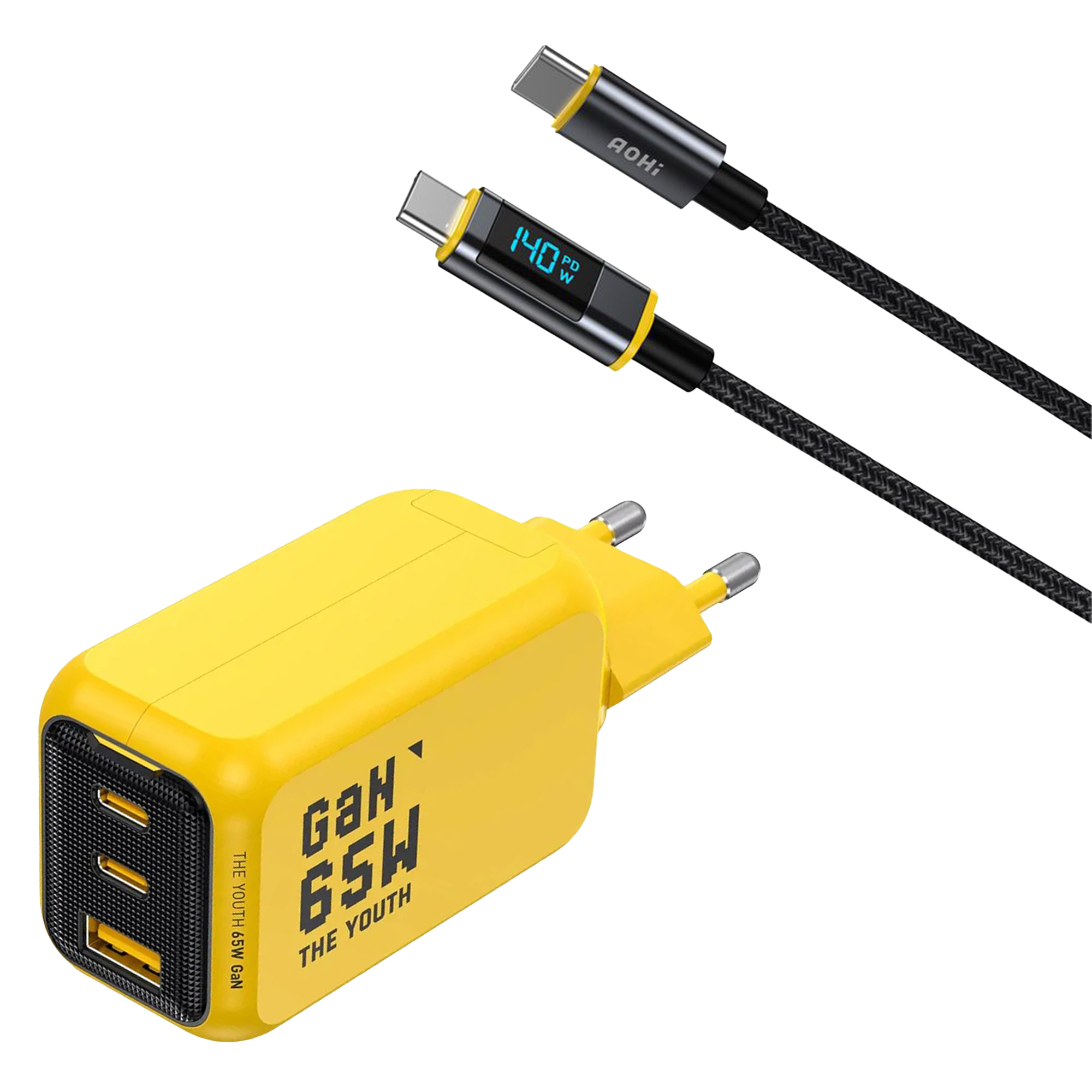 Sarı USB-C güç adaptörü, biri 140W gösteren iki kablolu.