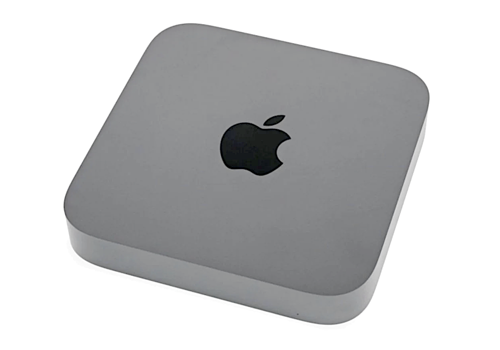 Szary komputer Apple Mac Mini z czarnym logo Apple.