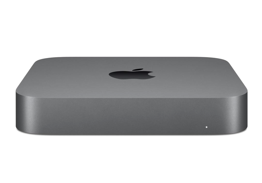 Szary Mac Mini z logo Apple i małą białą diodą.