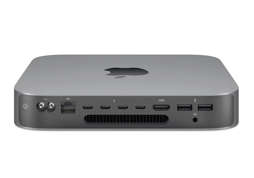 Tył szarego Mac Mini z portami zasilania, Ethernet, Thunderbolt, HDMI, USB-A i słuchawkowym.