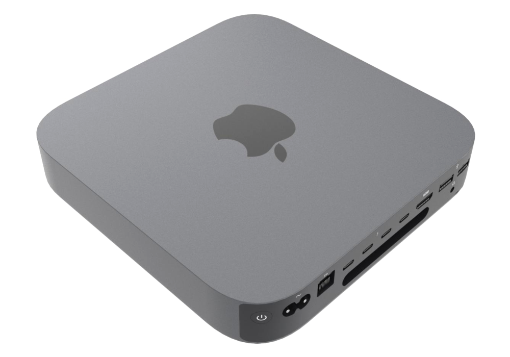 Szary komputer Apple Mac Mini z logo na górze i portami z boku.