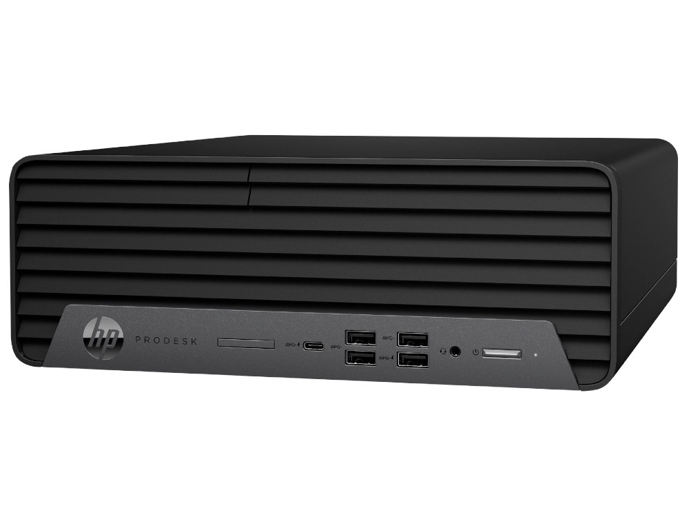 Czarny komputer stacjonarny HP ProDesk z poziomymi otworami wentylacyjnymi i portami.