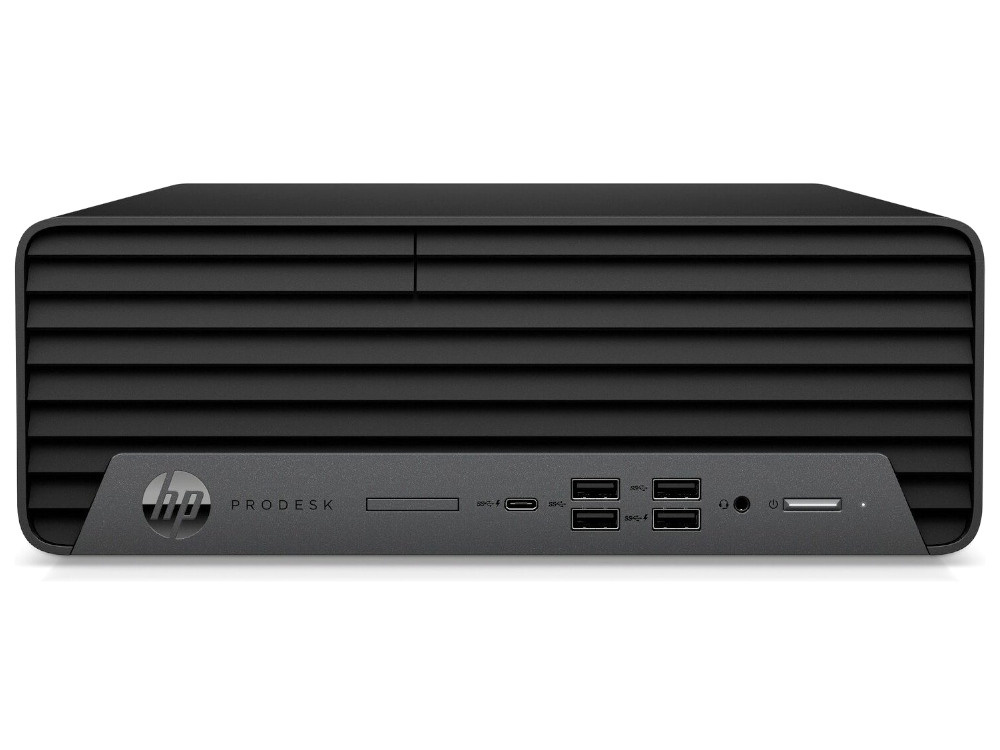 Czarny komputer HP ProDesk z przednimi otworami wentylacyjnymi i portami.