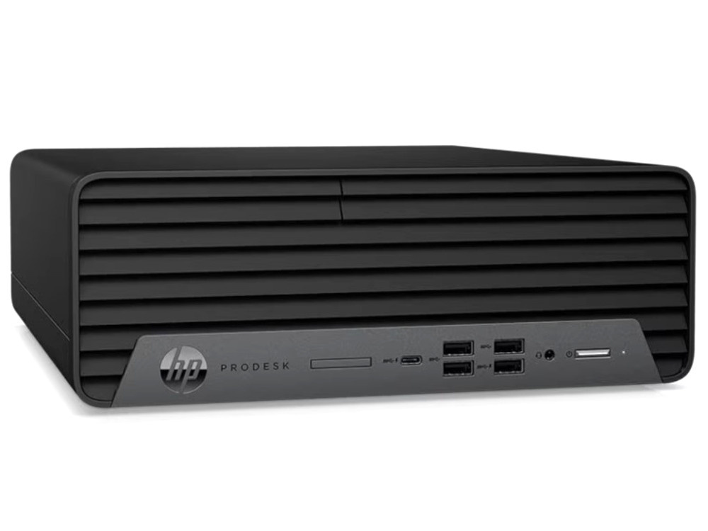 Czarny komputer stacjonarny HP ProDesk z przednimi portami USB i otworami wentylacyjnymi.