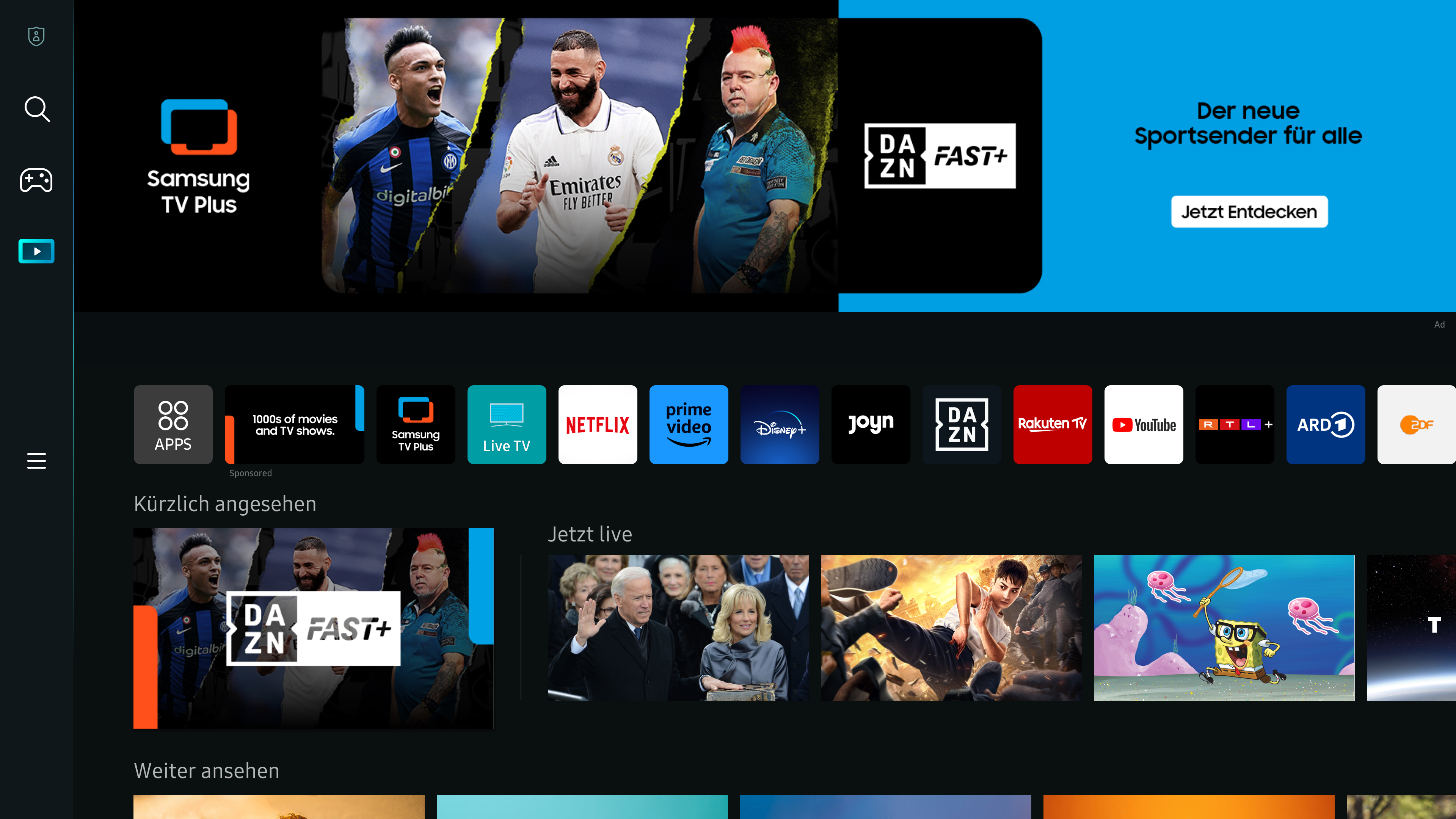 Pantalla de inicio de Samsung TV Plus con atletas e íconos de aplicaciones.