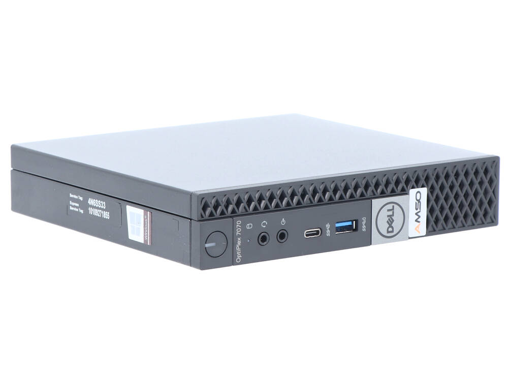 Czarny mini PC Dell OptiPlex 7070 z portami i naklejkami.