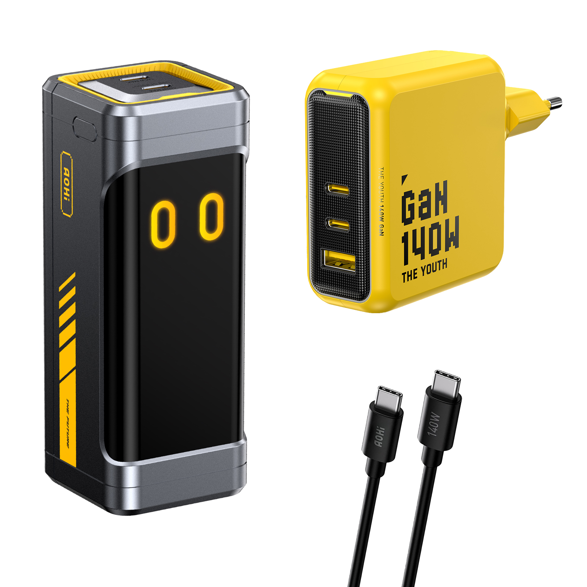 Beyaz arka planda siyah bir powerbank, sarı bir şarj cihazı ve iki USB-C kablosu.